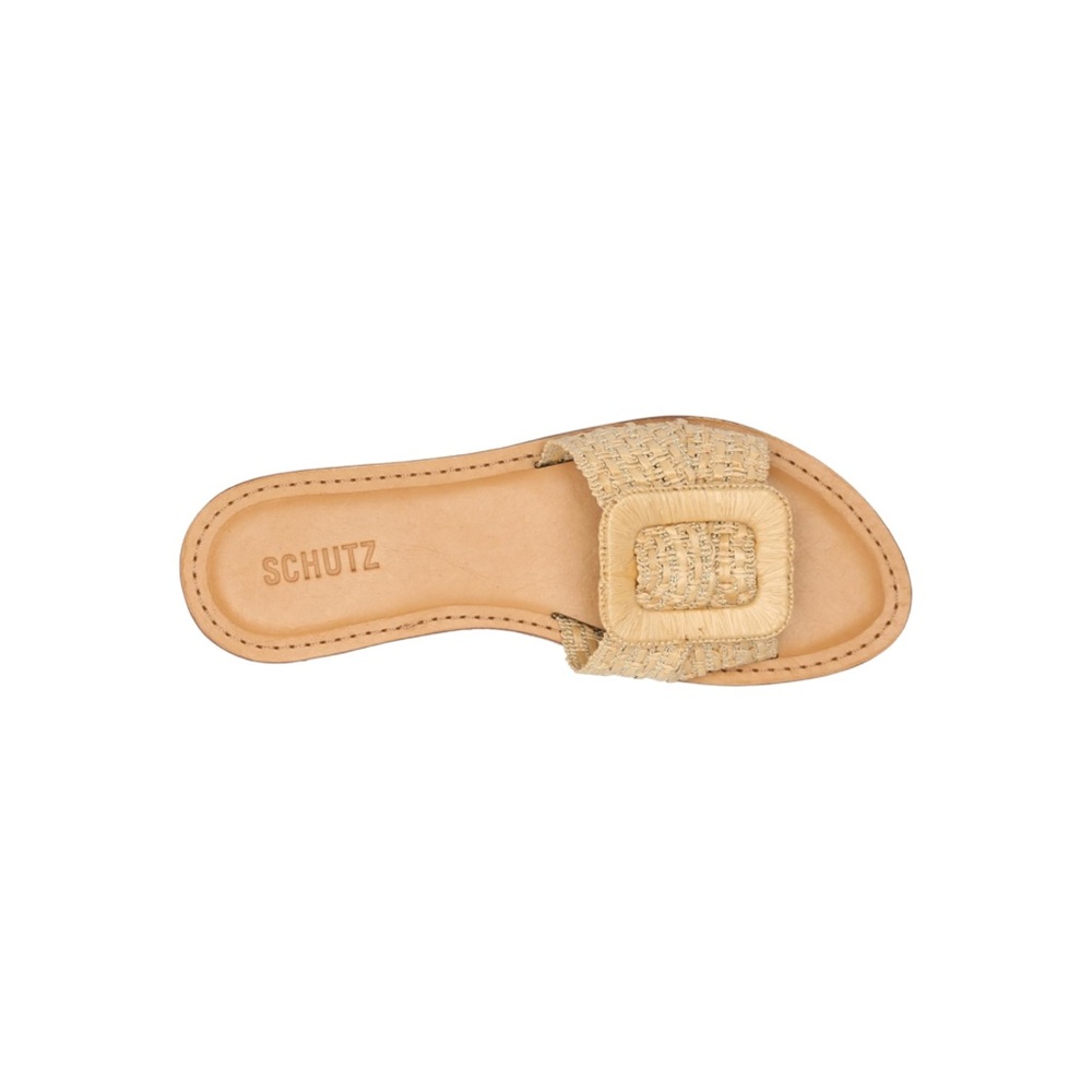 SCHUTZ Tan Raffia Buckle Slide Sandal